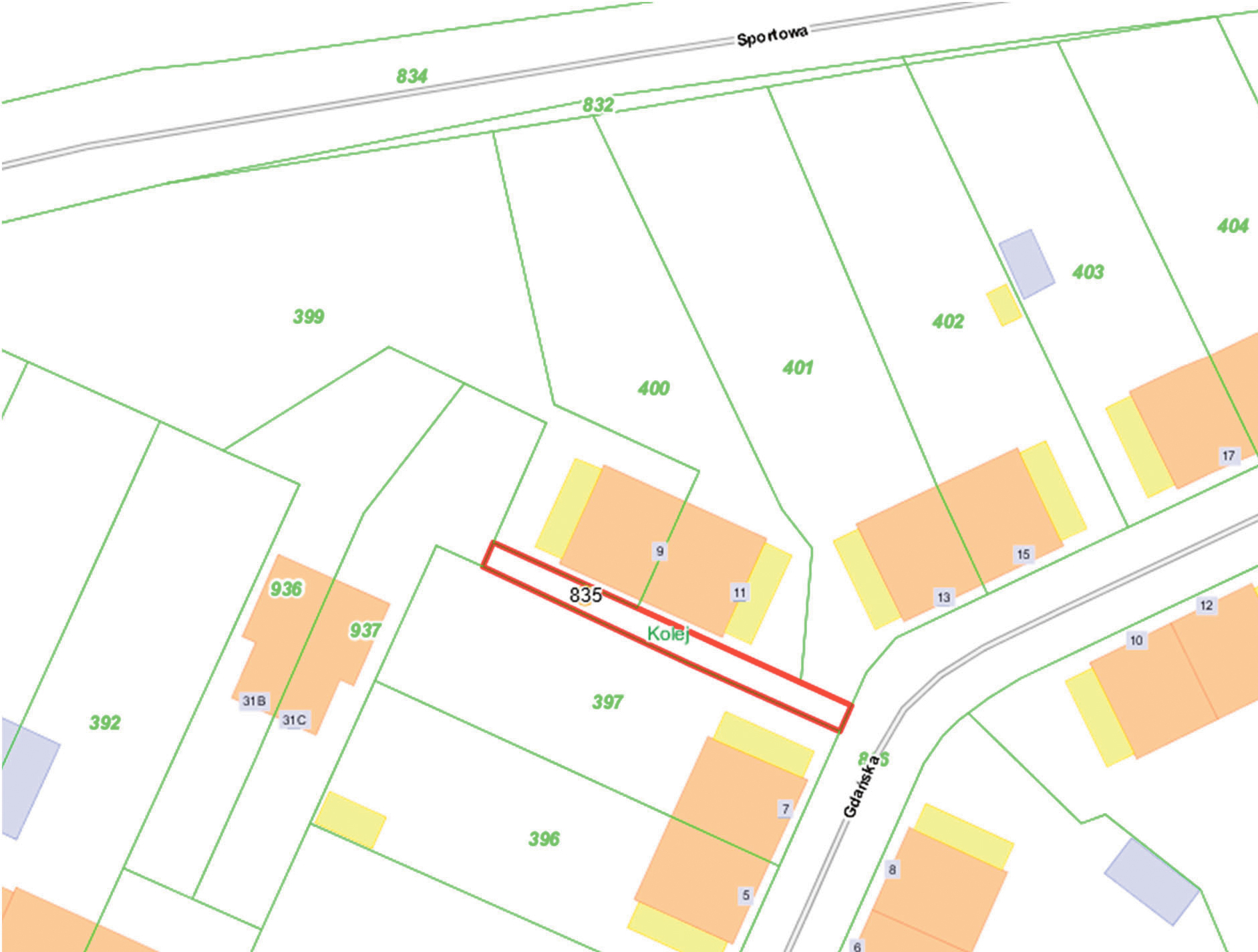 Mapa z zaznaczonymi na czerwono granicami działki nr 835, obręb Kolej