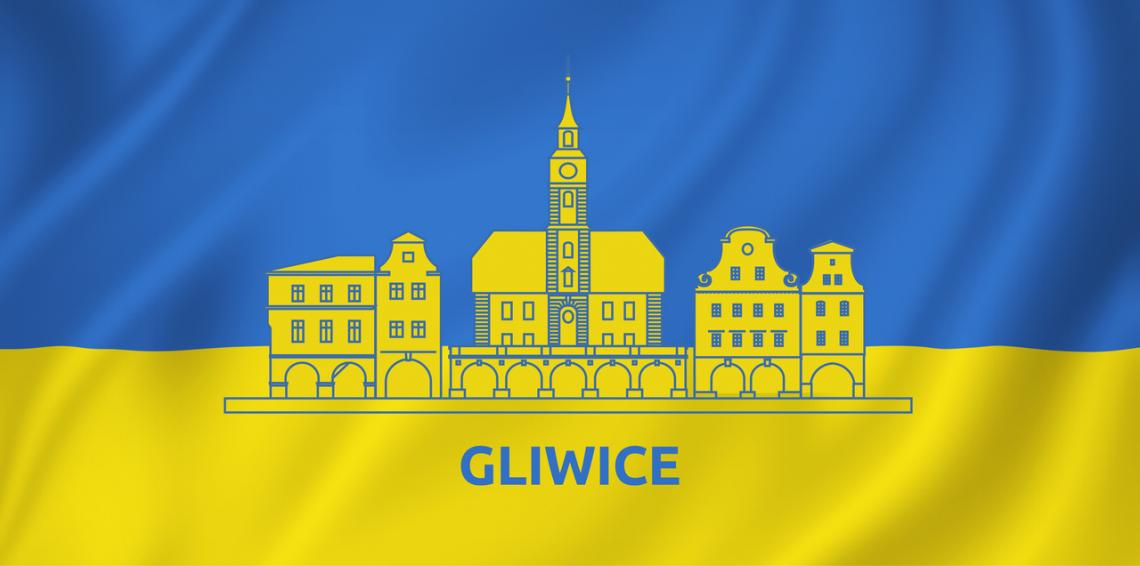 Flaga Ukrainy z napisem Gliwice oraz grafiką przedstawiającą rynek w Glwiicach